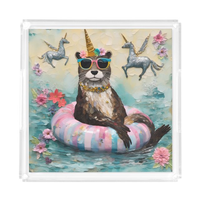 Whimsical Otter and Unicorns Floating on a River Acrylic Tray (Front)