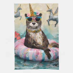 Whimsical Otter and Unicorns Floating on a River Kitchen Towel