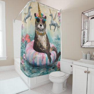Whimsical Otter and Unicorns Floating on a River