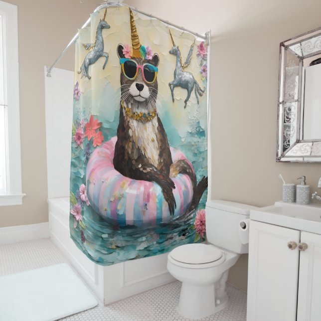 Whimsical Otter and Unicorns Floating on a River Shower Curtain (In Situ)