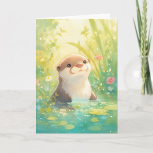 Whimsical Otter in a Flowering Pond Card