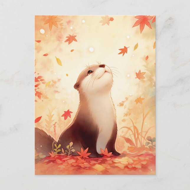 Whimsical Otter in Autumn Leaves Postcard (Front)