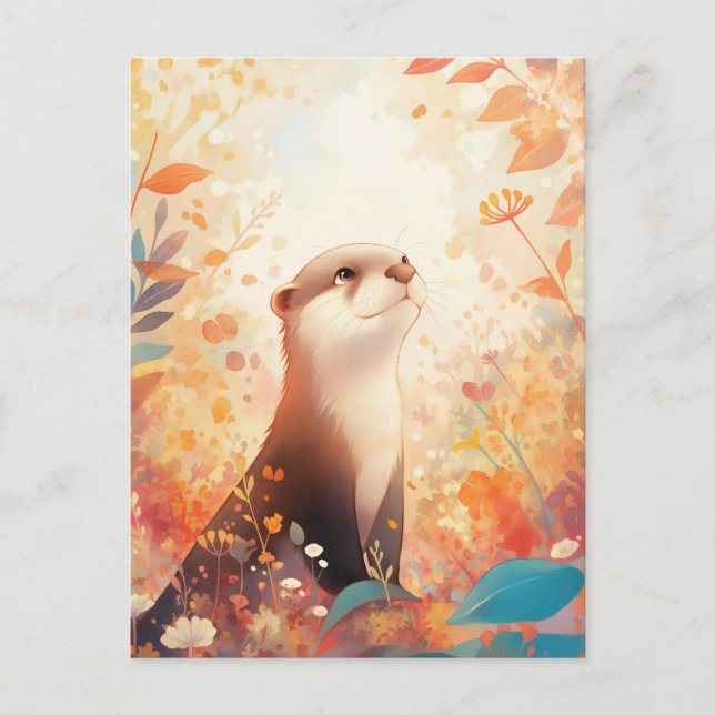Whimsical Otter in Floral Meadow Postcard (Front)