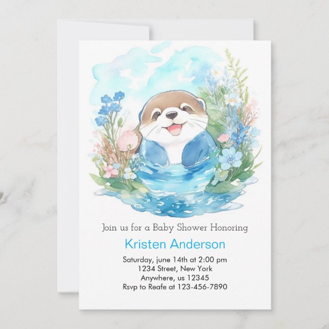Whimsical Otter Watercolor Boy Baby Shower Invitation (Front)