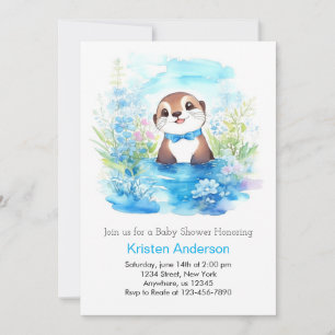 Whimsical Otter's Blue Floral Boy Baby Shower Invitation