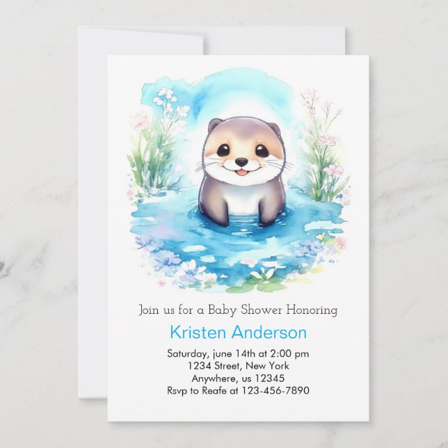Whimsical Otter's Watercolor Boy Baby Shower Invitation (Front)