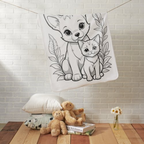 Whimsical Outline Dog and Cat Duo Baby Blanket