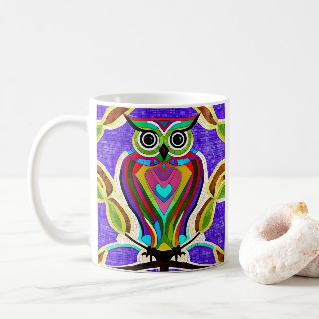 Whimsical Owl AI Art with Colorful Feathers Coffee Mug (With Donut)