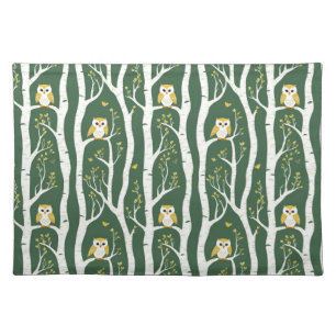 Whimsical Owl and Birch Tree Pattern Cloth Placemat