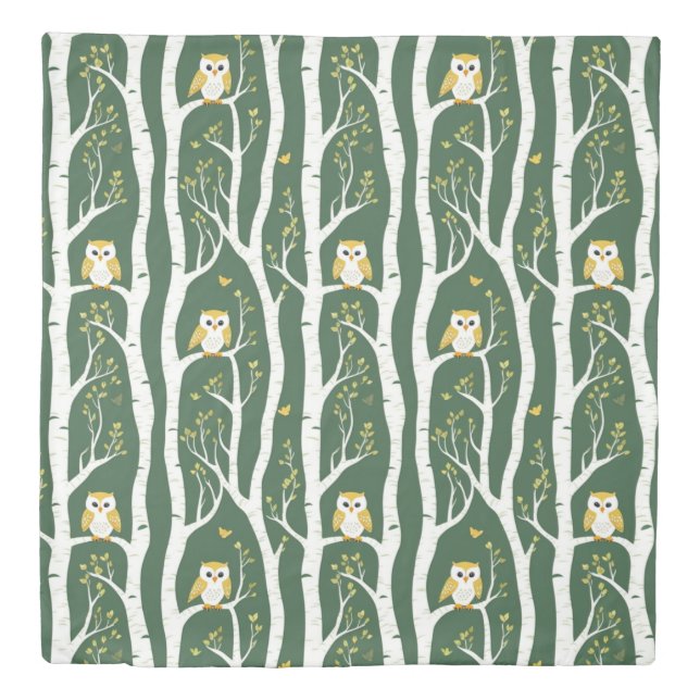 Whimsical Owl and Birch Tree Pattern Duvet Cover (Front)