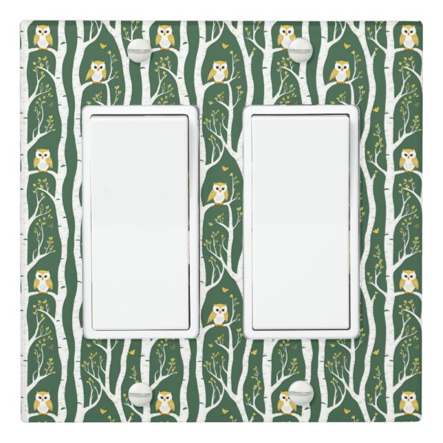 Whimsical Owl and Birch Tree Pattern Light Switch Cover (In Situ)
