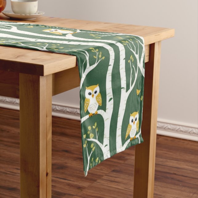 Whimsical Owl and Birch Tree Pattern Long Table Runner (In Situ)