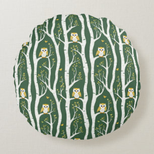 Whimsical Owl and Birch Tree Pattern Round Pillow