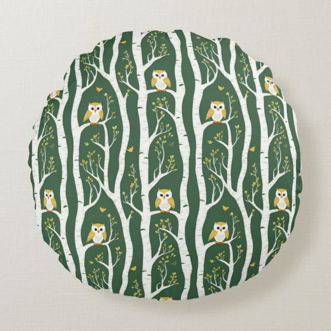 Whimsical Owl and Birch Tree Pattern Round Pillow (Front)