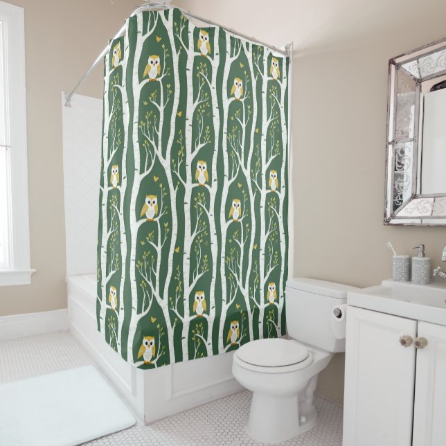 Whimsical Owl and Birch Tree Pattern Shower Curtain (In Situ)
