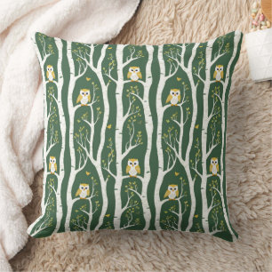 Whimsical Owl and Birch Tree Pattern Throw Pillow