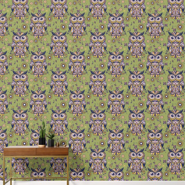 Whimsical Owl and Floral Melody green Wallpaper (Hallway)