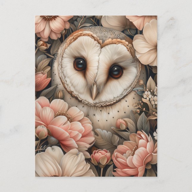 Whimsical Owl and Pastel Floral Drawing Postcard (Front)