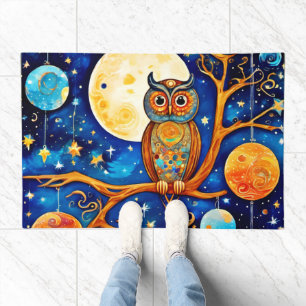 Whimsical Owl Celestials: Stars, Moon, Planets Doormat