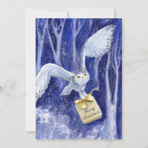 Whimsical Owl Christmas blue_violet watercolor Holiday Card
