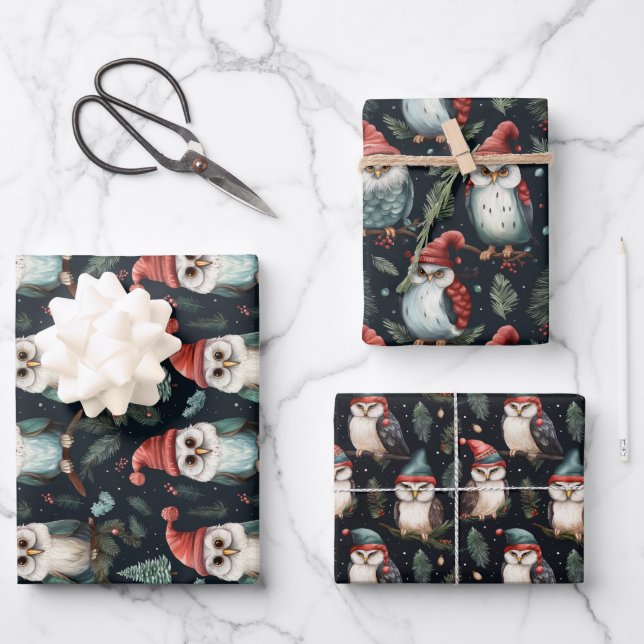 Whimsical Owl Christmas Hat Pattern Wrapping Paper Sheets (Front)