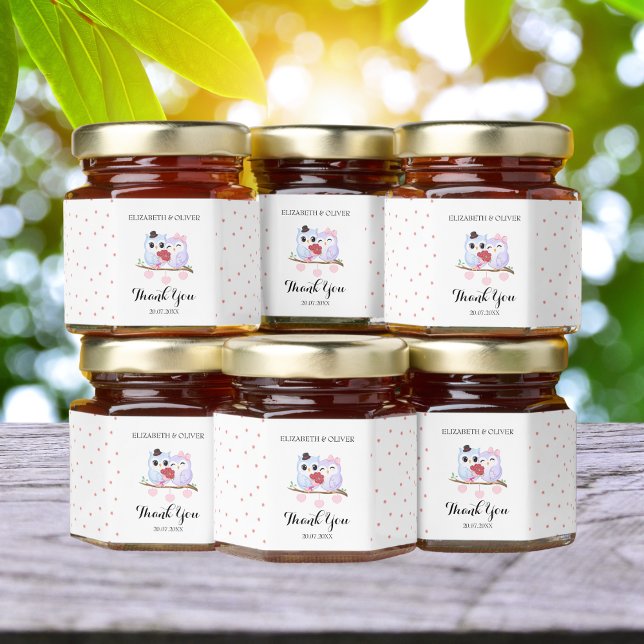 Whimsical Owl Couple Personalized Wedding Honey Jar Favors (Whimsical Owl Couple Personalized Wedding Honey Jar Favors)