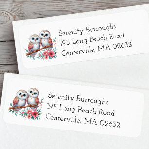 Whimsical Owl Couple Woodland Pink Green Floral Label