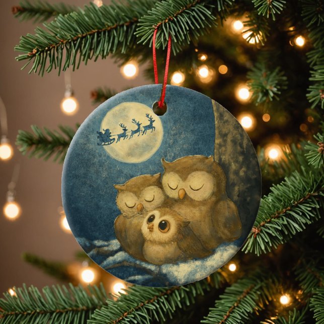 Whimsical Owl Family Christmas Eve Baby Owlet Ceramic Ornament (Whimsical owl family ornament with a baby owl watching Santa’s sleigh under a winter moon.)
