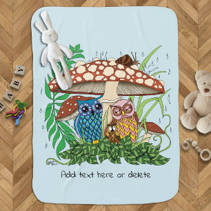 Whimsical Owl Family Rainy Forest Mushroom Blue Baby Blanket