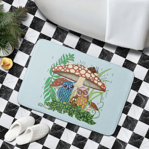 Whimsical Owl Family Rainy Forest Mushroom Blue Bath Mat