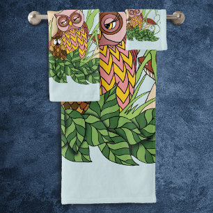 Whimsical Owl Family Rainy Forest Mushroom Blue Bath Towel Set