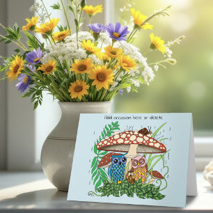 Whimsical Owl Family Rainy Forest Mushroom Blue Card