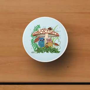 Whimsical Owl Family Rainy Forest Mushroom Blue Ceramic Knob