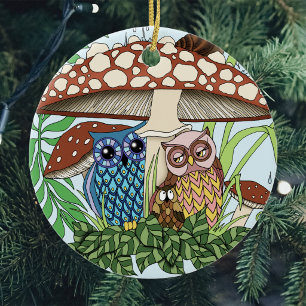 Whimsical Owl Family Rainy Forest Mushroom Blue Ceramic Ornament