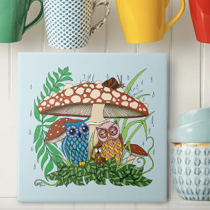 Whimsical Owl Family Rainy Forest Mushroom Blue Ceramic Tile