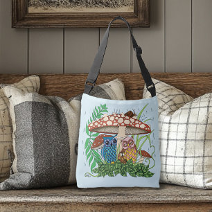 Whimsical Owl Family Rainy Forest Mushroom Blue Crossbody Bag