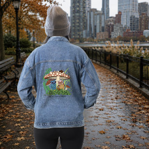 Whimsical Owl Family Rainy Forest Mushroom Blue Denim Jacket