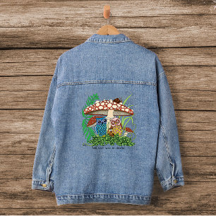 Whimsical Owl Family Rainy Forest Mushroom Blue Denim Jacket