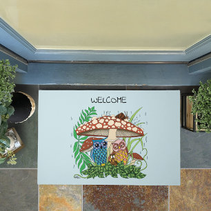 Whimsical Owl Family Rainy Forest Mushroom Blue Doormat