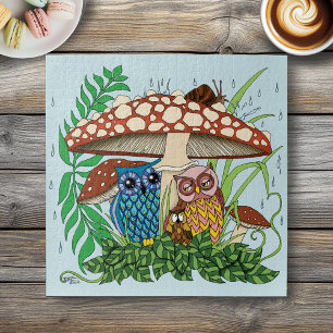 Whimsical Owl Family Rainy Forest Mushroom Blue Jigsaw Puzzle