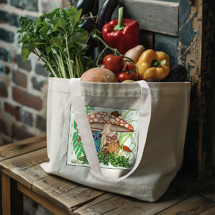 Whimsical Owl Family Rainy Forest Mushroom Blue Large Tote Bag