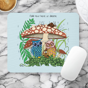 Whimsical Owl Family Rainy Forest Mushroom Blue Mouse Pad