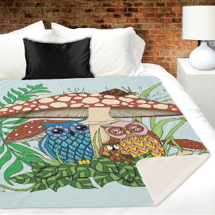 Whimsical Owl Family Rainy Forest Mushroom Blue Sherpa Blanket