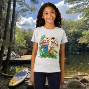Whimsical Owl Family Rainy Forest Mushroom Blue T-Shirt