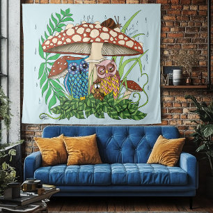 Whimsical Owl Family Rainy Forest Mushroom Blue Tapestry