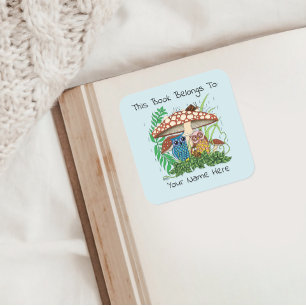 Whimsical Owl Family Rainy Mushroom Bookplate