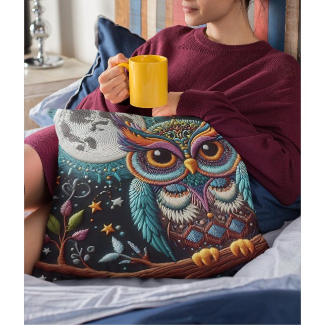 Whimsical Owl Faux Embroidery Throw Pillow (Creator Uploaded)