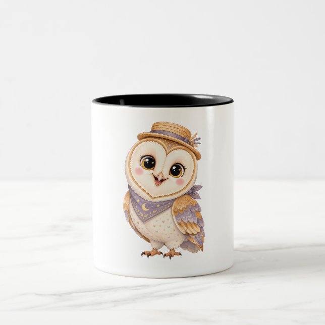 Whimsical Owl in a Straw Hat Two-Tone Coffee Mug (Center)