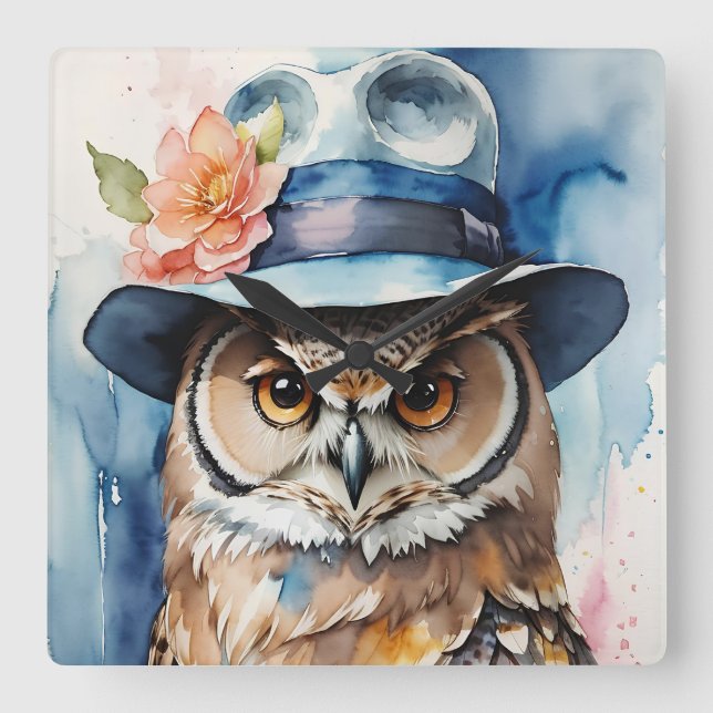 Whimsical Owl in Fedora Hat Square Wall Clock (Front)