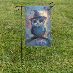 Whimsical Owl in Witch Hat with Full Moon Garden Flag